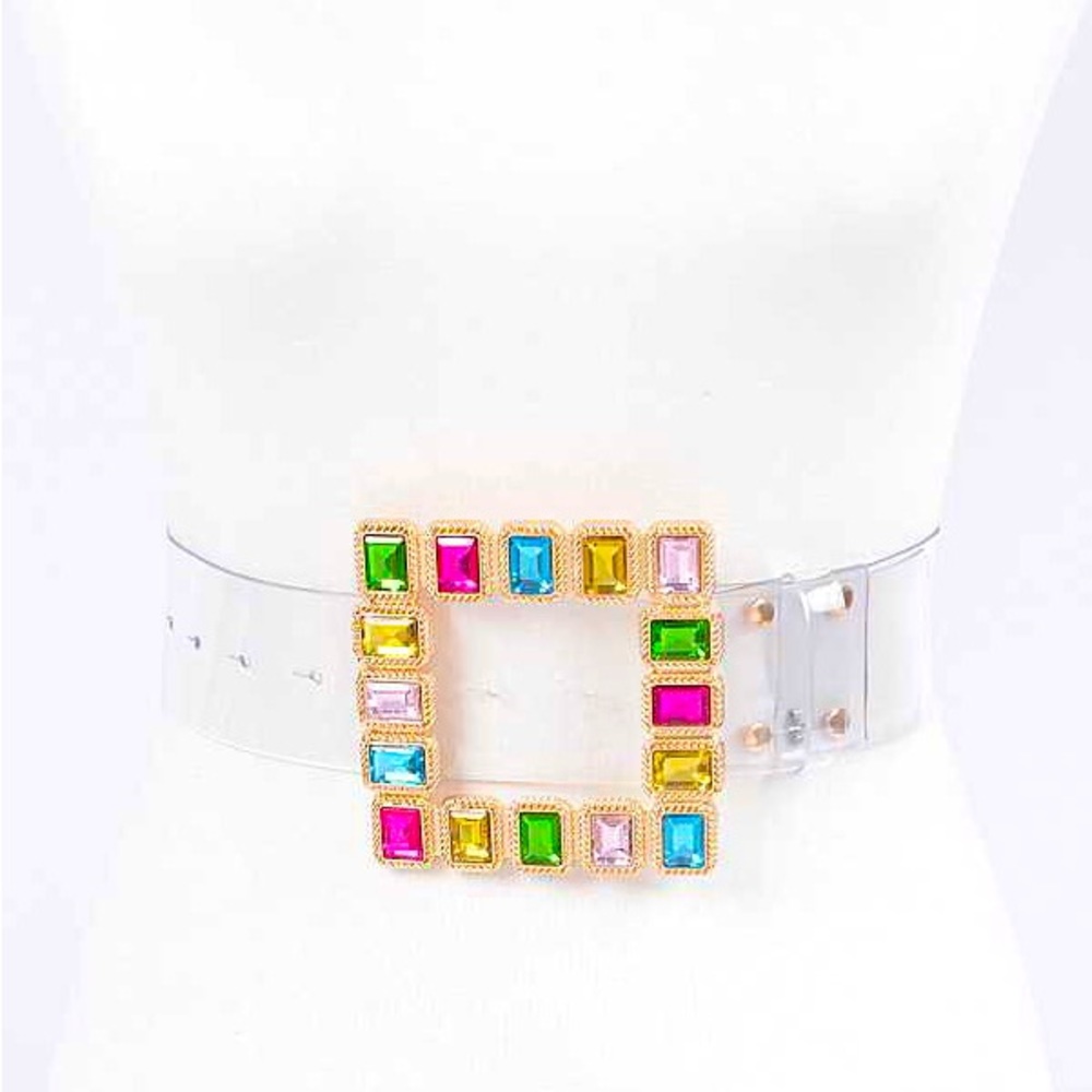 Plus Size Rainbow Bejeweled Clear PVC Statement Belt